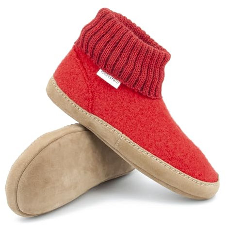 Gottstein Hüttenschuh Dakota aus Mulesing-freier Schaf-Schurwolle – Handgefertigte Hausschuhe aus Wollfilz für Damen & Herren Größe EU 36-47 – Mit hohem Strickbund & gepolsterter Ledersohle Rubin, 42