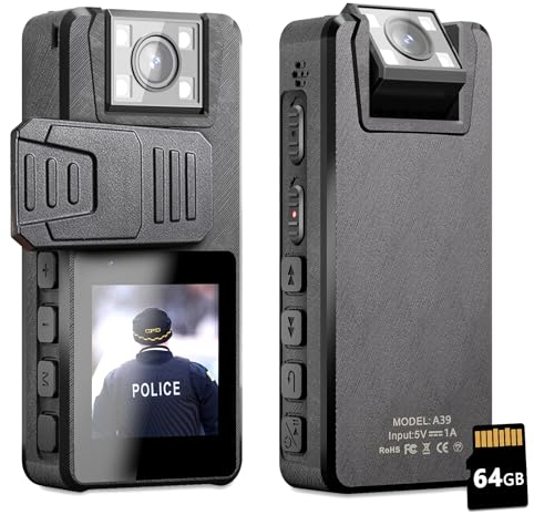 Hoestr Body Camera 3000mAh, 1296P Camcorder with IR Night Vision, 180° Rotatable Lens and 2 Sturdy Clips, 64GB Body Cam with Audio and Video Recording, Ideal for Police Cycle Delivery Home