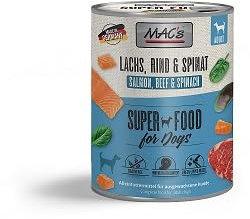 6 Dosen Macs Dog Hundefutter je 800 g (Lachs Rind & Spinat)