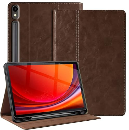 NANRUIL Étui de protection en cuir véritable pour tablette Samsung Galaxy Tab S9 11 et S9FE/S10FE/S10Lite 10,9 2023/2025(X710/X510), avec support S Pen et veille/sommeil automatique, marron foncé