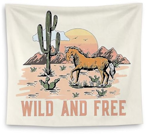 QGFM Retro Pink Western Tapisserie, wilder und freier Western-Kaktus-Pferd-Wandteppich, Western-Wanddekoration, Cowgirl-Raumdekoration, Cowgirl-Wanddekoration, rosa Wanddekoration, 127 x 152 cm
