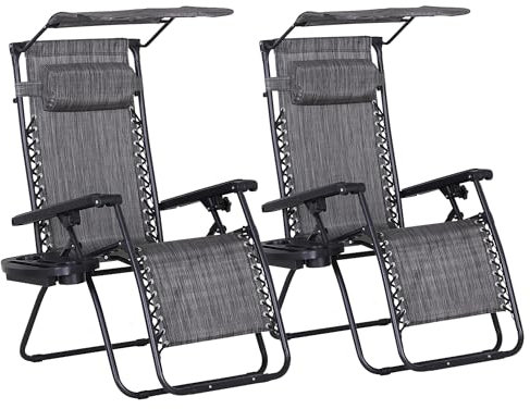 Outsunny 2 Piece Foldable Reclining Garden Chair with Headrest, Zero Gravity Deck Sun Lounger Seat Chair with Footrest, Armrest, Cup Holder & Canopy Shade, Grey