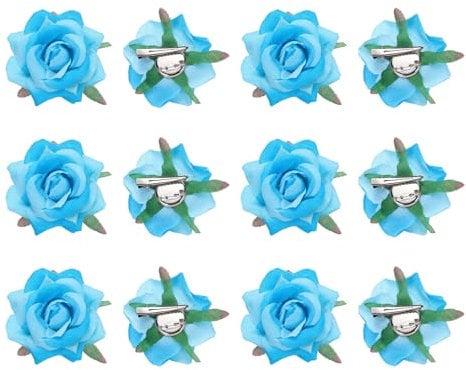sourcing map 12 Pcs Rose Flower Hair Clips 3 Inch Flower Hair Pins Flower Brooch for Women Hair Accessories Lake Blue