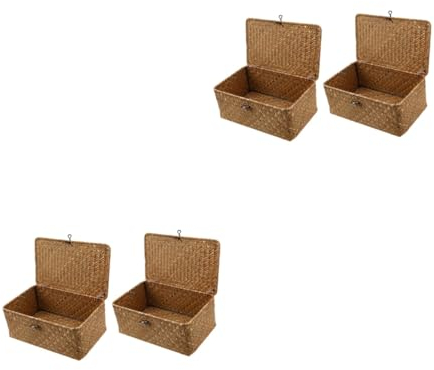 Set of 4 Woven Storage Baskets with Lid Rattan Bread Baskets Serving Basket Chests and Toy Organizer Natural Seaweed Wicker Storage Bins