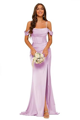 kopptioo Off Shoulder Satin Bridesmaid Dresses Lilac Split Mermaid Corset Prom Dress Long Ruched Formal Evening Gowns Lilac Size UK18