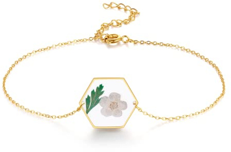 WESIHOO Armband mit gepressten Vergissmeinnicht-Blüten | Gold/Silber | Personalisierter, handgefertigter Schmuck | Geschenk für Frauen