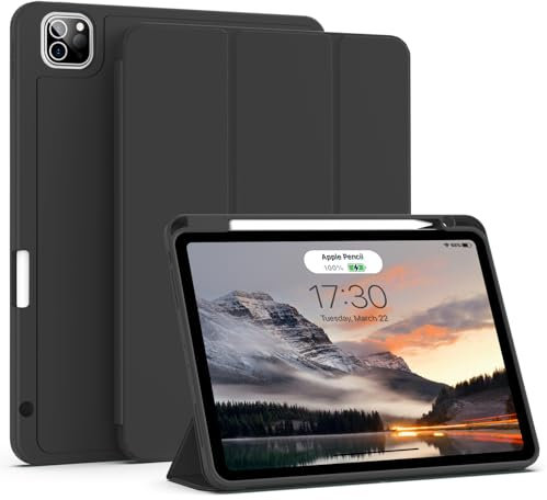aoub Case for iPad Pro 11 4th/3rd/2nd Generation 2022/2021/2020, iPad Pro 11 Case with Holder, Support Pencil Charging, Soft Silicone Cover, Auto Sleep/Wake, Black