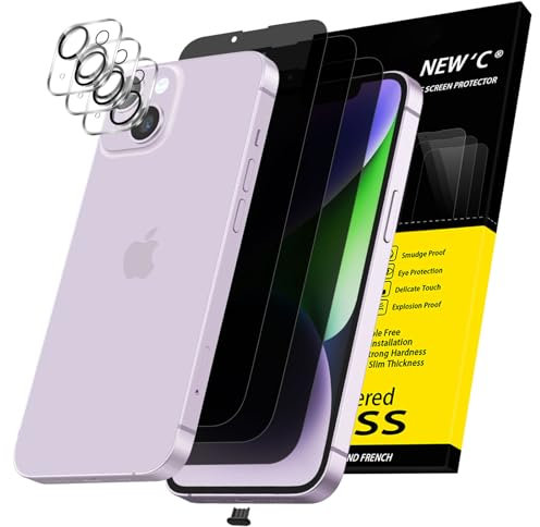 NEW'C 3x Privacy for iPhone 14 Screen Protector (6.1 inches)+ 3x Camera Lens Protector, Sensor Protection, Case Friendly Tempered Glass Film + Dust Plug - Enhanced Privacy Angle of 28 Degrees