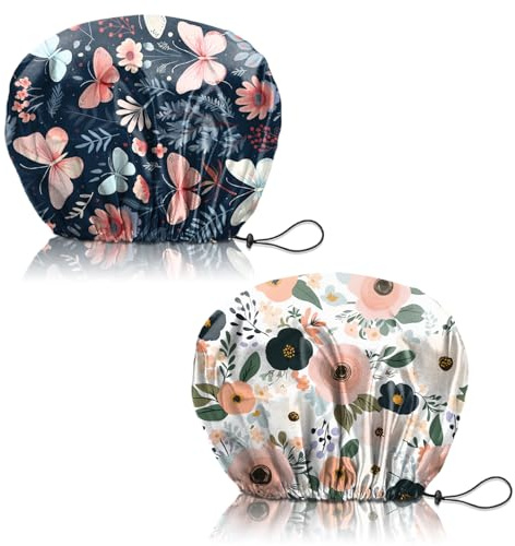 Deokke 2 PCS Shower Cap Reusable Large Waterproof Adjustable Double Layer Elastic Dry Hair Bathing Caps Aesthetic Cute for Women Girls (Q16-Butterfly Flower)
