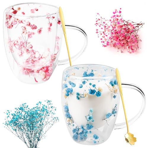GBKDQQ Verres Isolants: 2 Pièces Tasses à Café à Double Paroi avec Fleurs Séchées, Verres Thermiques pour Boissons Chaudes Et Froides (350ml, Rose et Blanc)