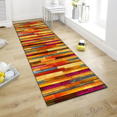 WTHYGB Teppich Läufer Flur Teppichläufer Küchenläufer Küche Teppiche rutschfest Waschbar Bettvorleger für Flur Waschküche, 80x250cm Rot Holzmaserung