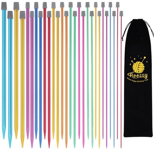Reessy Coloured Knitting Needles Set, 35cm Long Aluminium Knitting Needles | 14 Pair 2mm-10mm Stainless Steel Single Pointed Needles, Straight Metal Knitting Needles with Soft Storage Case for Beginners