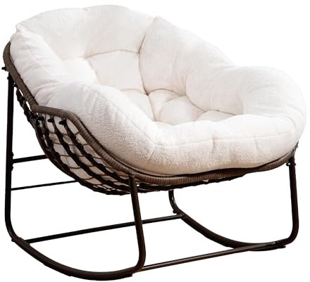 LIFEISLE Schaukelstuhl für drinnen & draußen, Wasserdicht Rattan Loungesessel mit gepolsterung, Ei-Schaukelstuhl für Wohnzimmer Balkon Garten Outdoor Teddy Weiß