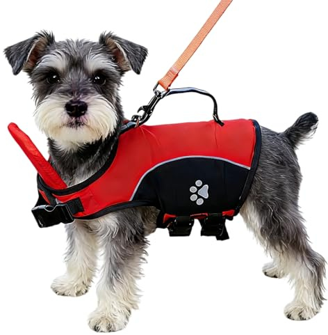 Hunde Schwimmweste Sicherheitsweste mit hohem Auftrieb und Rettungsgriff, Leichte verstellbare Rettungsweste für kleine und mittlere Hunde (Rot, L)