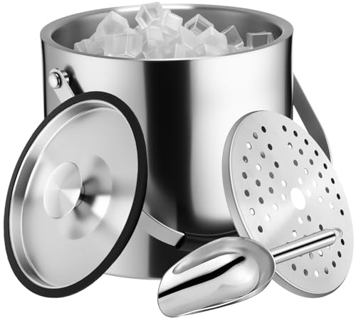 meekoo 3 L Double Wall Insulated Stainless Steel Ice Bucket with Lid, Scoop, Strainer, Handle Large Wine Ice Bucket Upgraded Cover Keep Frozen Longer for Cocktail Bar Parties(Silver)