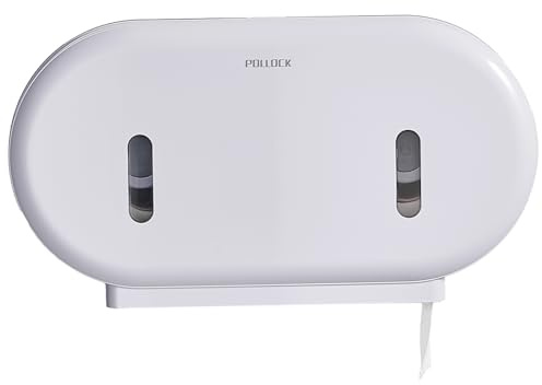 Pollock Jumbo Dual Roll Toilet Paper Dispenser – Extra Large Capacity, No-Drill Installation | Heavy Duty ABS | Movable Divider | Visible Window | Two-Lock Mechanism | Ideal for Commercial Use-White