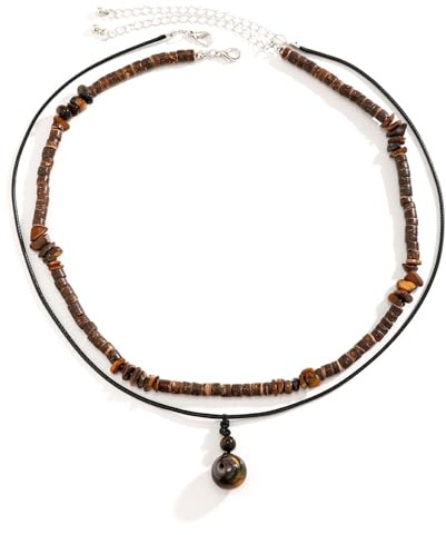Calefee Halskette Herren Perlen Holz, Surfer Halskette Damen mit Anhänger Verstellbar 47 cm bis 54 cm Lang, Boho Kette Herrenschmuck