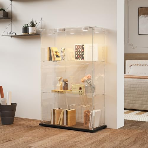Transparente Vitrine mit Lampe, freistehend, moderne Vitrine aus gehärtetem Glas mit 3 Schichten mit Tür, Sammlervitrinen für Wohnzimmer, Schlafzimmer, 78,5 x 35 x 117 cm (Schwarz, 2 Türen A)