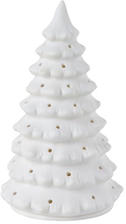 Weihnachtsbaum LED-Kerzenhalter aus Keramik, 16 cm Höhe, 10 cm Breite, Matt-Weiß, Durchscheinend
