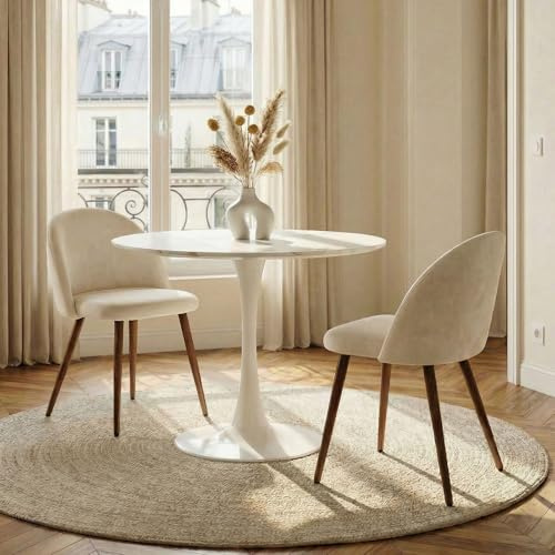 Essgruppe LOIRE/NAVIA mit runder Keramikplatte, Weiß/Beige - Esstisch mit 2 Stühlen, Tisch mit pflegeleichter Steinplatte, Polsterstühle Samtstoff, Esszimmermöbel für Küche und kleine Essbereiche