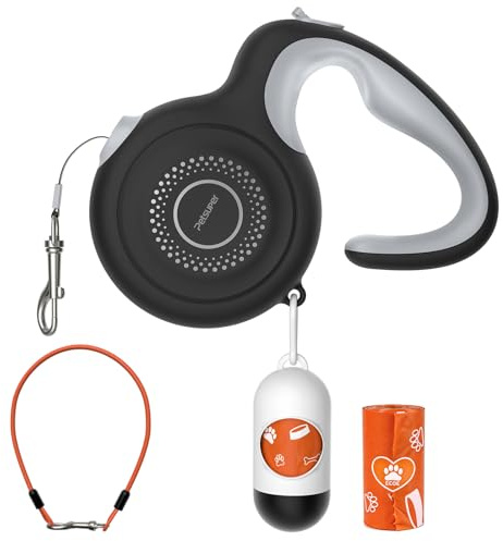 Ausziehbare Hundeleine 16ft, Automatik-Verriegelung, bissfestes Stahlkabel, 360° antiverwirrend, stoßdämpfend, für Hunde bis 59 kg (Schwarz,PL02-Bausätze)