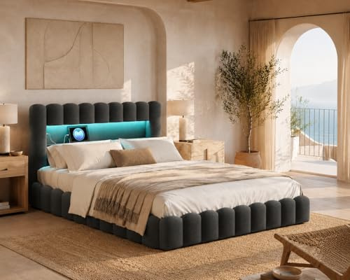 Polsterbett Doppelbett 180x200, Bubble Bett mit Hydraulischem Stauraum, LED Jugendbett Hydraulisch mit USB Typ-C, Bett 180x200 mit Bettkasten, Leinenstoff, ohne Matratze, grau