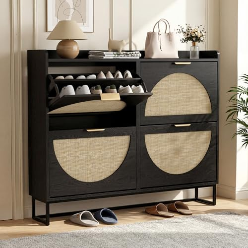 Schuhkommode mit 4 Klappfächern, Großer Rattan Schuhschrank Schmal Holz | Schuhaufbewahrung mit Stauraum Für Flur Eingangsbereich, Wohnzimmer, Schlafzimmer, 120x24x95cm, Schwarzer