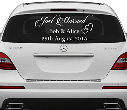 Slaf Ltd. (70x35 cm) Just Married Custom Personalized Vinyl Decal/Write Your Names & Date Sticker/Wedding Day Car Back Window Mirror + Free Random Decal Gift