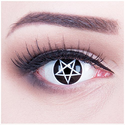 Funnylens 1 Paar farbige weisse weiße schwarze Crazy Pentagram Teufel Satan Jahres Kontaktlinsen perfekt zu Halloween, Karneval, Fasching oder Fasnacht mit gratis Kontaktlinsenbehälter ohne Stärke!