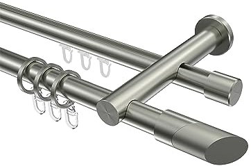 Interdeco Rundrohr-Innenlauf Gardinenstange Edelstahl Optik 20 mm Ø 2-läufig Platon Verano, 220 cm
