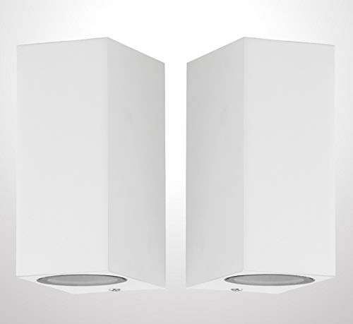 Trango 2er Pack IP44 Up & Down Light 8013-SSW2 Strahler in Weiß Eckig mit Dämmerungssensor (Tag & Nacht Schalter) Wandleuchte, Wandstrahler aus Alu-Druckguss inkl. 2x GU10 Fassung (ohne Leuchtmittel)