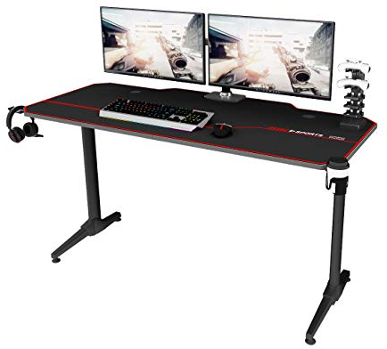 sogesfurniture Gaming Tisch 140cm Gaming Schreibtisch, Gamer Computertisch PC Tisch mit Großer Mausunterlage, Getränkehalter, Kopfhörerhaken, ST-Eagle-1400BK-BH