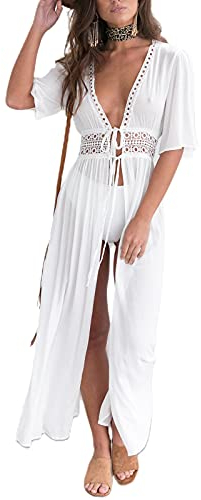 Geagodelia Damen Sexy Strandkleid Vintage Elegante Leichte Sommer Strand Kleider Strandponcho Bikini Cover Up SK-478 (Weiß - Lang, M)