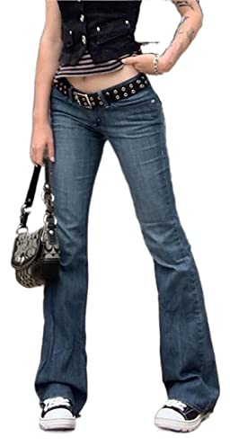 Y2K femme jeans taille basse gothique ample denim large jambe droite ample casual gothique streetwear, bleu, S