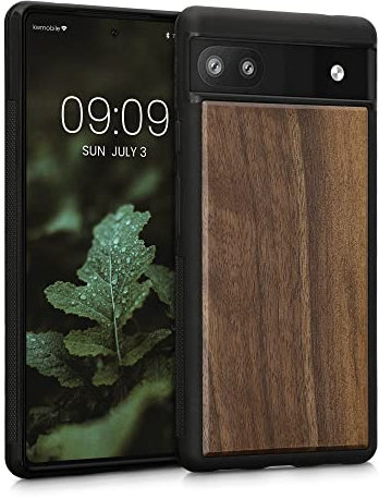 kwmobile Custodia Compatibile con Google Pixel 6a Cover - Protezione in Legno per Smartphone - Back Case con Bumper in Silicone TPU - Marrone Scuro Legno di Noce