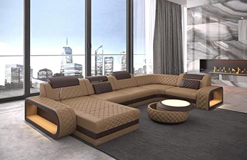 Wohnlandschaft Berlin U Form Leder mit Kopfstützen Sofa mit LED Beleuchtung Moderne Couch (Ottomane Links, Sandbeige-Dunkelbraun)