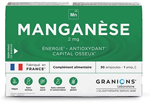 GRANIONS MANGANÈSE 2 mg - 30 ampoules = 30 jours - Énergie - Antioxydant - Capital osseux - 2 mg de Manganèse - Made in France