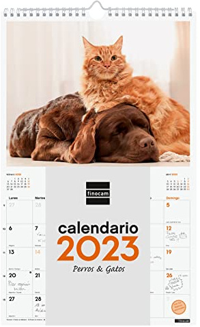 Finocam - Kalender 2023 Spiralwandbilder zum Schreiben Januar 2023 - Dezember 2023 (12 Monate) Hunde und Katzen Spanisch