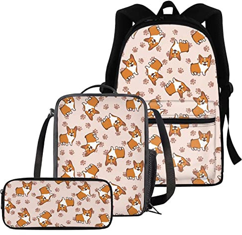 Renewold 3 Pack Corgi Cute Print Backpack Set, School Bags Book Bag with Drinks Bottle Umbrella Pocket, Backpacks with Cross-Body Lunch Bag Kit Pen Bags Set