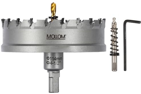 Mollom (114mm | 4-1/2) Scie cloche en carbure pour usage intensif avec 2 forets pilotes, coupe l'acier inoxydable, l'acier doux, le fer, le cuivre, le laiton et le plastique.