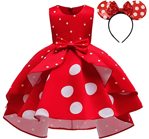 Lito Angels Minnie Red and White Polka Dot Fancy Dress Up Costume with Mouse Ears Hair Hoop for Kids Girls Birthday Christmas Party Outfits Age 3-4 Years