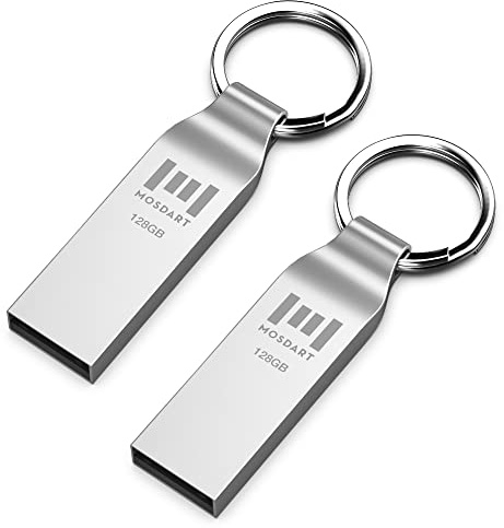 MOSDART 2pcs 128GB USB 2.0 Flash Drive Waterproof with Keychain,Silver | Ultra-slim metal body, waterproof & dustproof. USB 2.0 for BIOS, boot drives & backups. Metal keychain