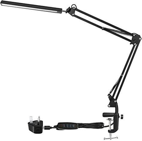 LEWE LED Desk lamp, Swing Arm Desk Lamp with Clamp, Eye-Caring Office Table Lamps, 3 Colour Modes 10 Brightness, Adjustable Angle USB Clip-on Table Lamp, Daylight Lamp for Home,Office, Black