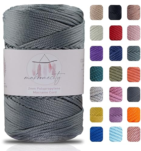 Makromecity Makramee Garn 2mm x 230m Premium Polyester Macrame Cord Polypropylene Yarn für Handwerk Wohndekorationen Platzteller Umhängetasche Handtasche Runner (Grau, 1 Strang)