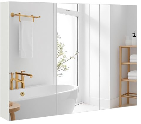 LOKO Large Bathroom Medicine Cabinet with Mirror, Wall Mounted Bathroom Cabinet with 3 Mirrored Doors & Adjustable Shelves, Triple Mirror Door Bathroom Wall Cabinet, 36 x 4.5 x 25.5 Inches