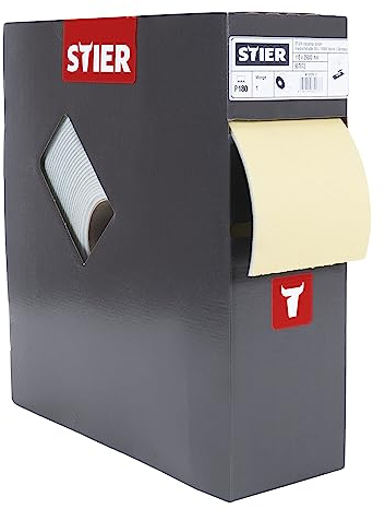 STIER Schleifpapier auf Schaumunterlage P180, 115x92mm Rollenlänge: 25m, für Lack-Reparatur, Profile, Wölbungen, praktische Box mit Abrisshilfe immer griffbereit