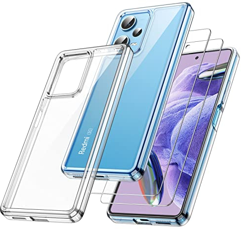 JETech 2 en 1 Funda para Xiaomi Redmi Note 12 Pro+ Plus 5G con 2 Unidades Protector Pantalla, Cristal Vidrio Templado, Carcasa Clara Trasera Antigolpes (Transparente)