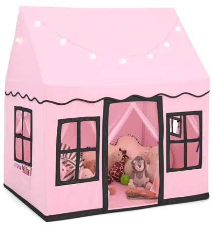 COSTWAY Kinderspielhaus mit Sternenlichtern, Prinzessin Prinzess Kinderzelt mit Fenstern & Netzvorhängen, Kinderspielzelt Spielzelt Spielhaus für Jungen und Mädchen (Rosa)