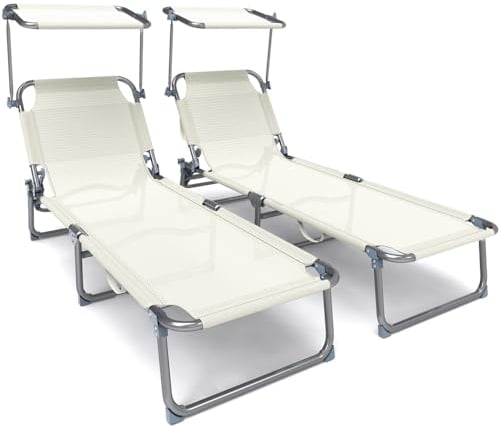 VOUNOT® Sdraio da Giardino Pieghevole, Set di 2 Lettini Prendisole con Tettuccio Parasole e Schienale Regolabile, per Spiaggia, Balcone, Terrazzo, Esterno Piscina, Beige