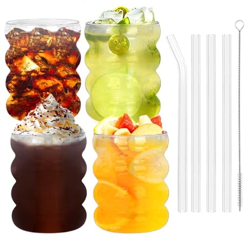 Verres à Eau, Lot de 4 Verre à Cocktail, 350ml Verre a Eau Bulles avec Paille, Verres à Bulles en Verre en Forme de Vague, avec Brosses à Paille, pour Cocktail, Eau, Soda, Jus, Café, Lait